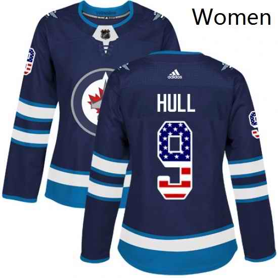 Womens Adidas Winnipeg Jets 9 Bobby Hull Authentic Navy Blue USA Flag Fashion NHL Jersey
